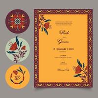 Floral Wedding Invitation Card and Stickers in Spring color palette. Template for Wedding Invitations, stickers, seals, name initials, name tags, floral frames etc with place for texts. vector