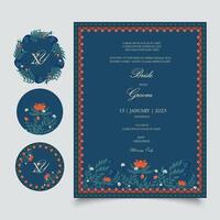 Floral Wedding Invitation Card and Stickers in Spring color palette. Template for Wedding Invitations, stickers, seals, name initials, name tags, floral frames etc with place for texts. vector