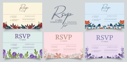 rsvp Boda tarjeta plantillas en primavera colores. conjunto de cinco pastel color rsvp tarjeta plantillas con sitio para texto vector