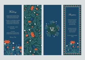 Floral vertical Invitations in Spring color palette. Template for invitation card, wedding invitation, name tag, thank you message, bookmark, menu, label, banner etc with place for texts. vector