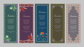 Mughal art themed invitation card design templates. Set of 5 floral invitation card templates in spring colors with place for texts vector