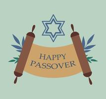 Holiday Passover concept. Torah, star daviva, leaves, branches, text. Template, frame for greeting card vector