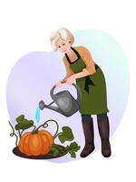 A gardener waters an orange pumpkin. Ripening pumpkin. Gardening. Harvesting pumpkin. Watering plants. Vector illustration