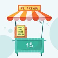 Ice cream street open air cart with menu board. Cute low poly flat design summer illustration vector