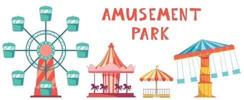 Amusement park scene illustration in vector. Recreation park detailed collection with carrousel in flat design vector