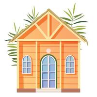 Vector illustration of a beach house facade with palm leaves. Wooden bungalow with large windows and timber planks - front view