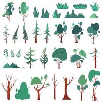 Forest set with trees, shrubs, bushes and tree trunks. Vector clip art illustrations on white background