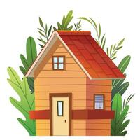 Tiny rural wooden house facade with green garden on the background. Cute vector clip art illustration of a suburban cottage and green flora