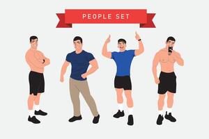 conjunto de dibujos animados vector ilustraciones de hombres en diferente ropa de deporte.