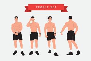 Set of vector illustrations of a bodybuilder in different poses. Flat style.