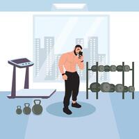 hombre en el gimnasio con mancuernas vector ilustración en plano estilo