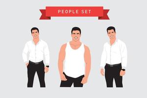 Vector set of men in different poses and clothes. Flat style illustration.