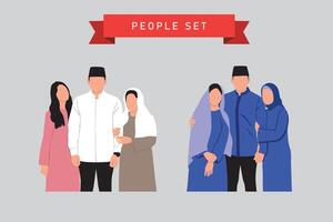 Muslim people in traditional clothes. Vector illustration in flat style on gray background.