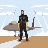 Vector illustration of a pilot standing on the runway with an airplane.