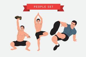 Set of vector illustrations of a man doing yoga. Isolated on white background.