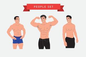 Bodybuilder with different poses. Vector illustration in flat style.