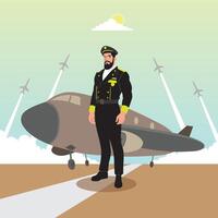 Vector illustration of a pilot standing on the runway with an airplane.