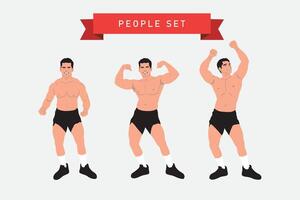 Set of vector illustrations of a bodybuilder in different poses. Flat style.