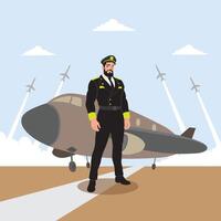 Vector illustration of a pilot standing on the runway with an airplane.