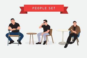 People sit at a table and drink coffee. Vector illustration in flat style