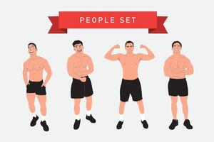 Set of vector illustrations of a bodybuilder in different poses. Flat style.