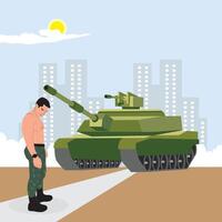 Military man with tank. Flat style vector illustration on city background.