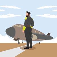 Vector illustration of a pilot standing on the runway with an airplane.