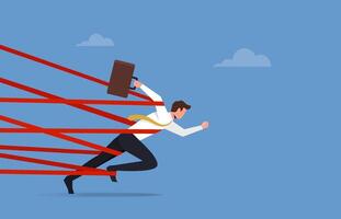 Business difficulty or struggle with career obstacle, businessman tied up with red tape trying to run away with full effort, limitation or challenge to overcome for being success vector