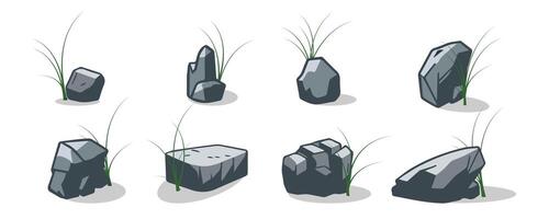 A collection of cartoon-style stone elements. Shard design of rock assets in the game vector