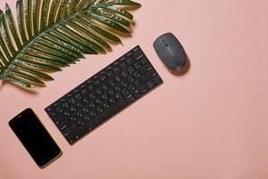 top view of a keyboard and mouse on a pink background with palm leaves photo