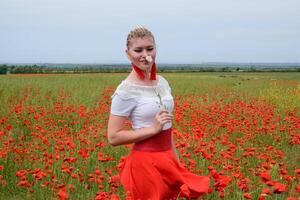 White poppy flower in the hands of a girl in the middle of a field of red poppies photo