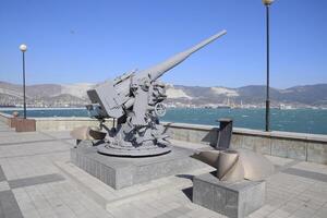 Russia, Novorossiysk 2021. Artillery battle cannon, raised from the bottom of the Black Sea. Weapons of defense in the Second World War. The restored exhibit photo