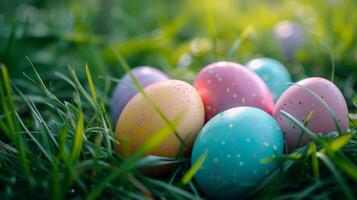 ai generado un racimo de pastel Pascua de Resurrección huevos anidado en un cama de suave césped foto