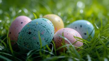 AI generated A cluster of pastel Easter eggs nestled in a bed of soft grass photo