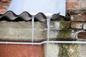 Icicles on the roof. Insecure roof. Freezing water in the icicle. photo