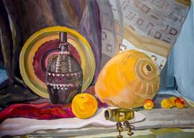 Still life. A painting depicting a still life, a vase, dishes, a photo