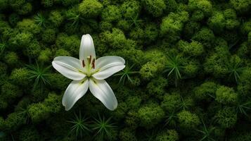 AI generated A pristine white lily emerging from a bed of emerald moss photo