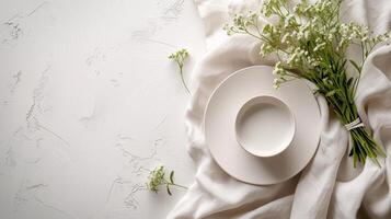 AI generated A simple white table setting with a small bouquet of wildflowers, celebrating spring's simplicity photo