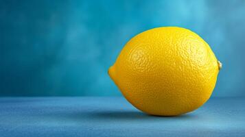 AI generated A single yellow lemon contrasting against a background of varying shades of blue photo