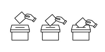 Vote box with ballot, line icon. Hand holding ballot paper, election. Vote and opinion. Vector illustration