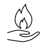 Hand holding fire, save and control warm, line sign. Gas burner with fiery. Fire handling. Vector symbol