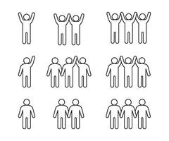 People greeting, wave hand, success, line icon. One, two and three person hands up. Happy respect on meeting, fan of game. Losing and winning at competition. Vector illustration