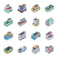 16 Modern Commercial Building Isometric Icons vector