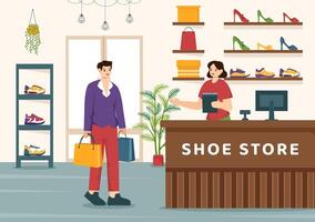 zapato Tienda vector ilustración con nuevo colección hombres o mujer varios modelos o colores de zapatillas y alto tacones en plano dibujos animados antecedentes