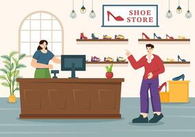 zapato Tienda vector ilustración con nuevo colección hombres o mujer varios modelos o colores de zapatillas y alto tacones en plano dibujos animados antecedentes