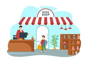 niños tienda vector ilustración con Niños y muchachas niños equipo tal como ropa o juguetes para compras concepto en plano dibujos animados antecedentes