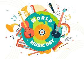 mundo música día vector ilustración en 21 junio con varios musical instrumentos y notas en plano dibujos animados antecedentes diseño