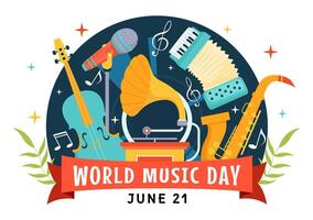 World Music Day Vector Illustration on 21 June with Various Musical Instruments and Notes in Flat Cartoon Background Design