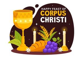 Corpus Christi Catholic Religious Vector Illustration with Feast Day, Cross, Bread and Grapes in Holiday Celebration Flat Cartoon Background