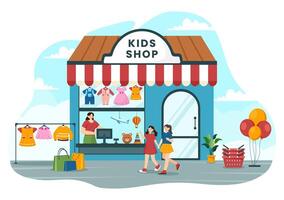 niños tienda vector ilustración con Niños y muchachas niños equipo tal como ropa o juguetes para compras concepto en plano dibujos animados antecedentes